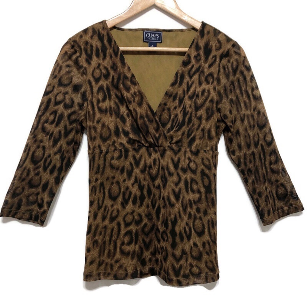 CHAPS | Leopard Print Black Brown V-Neck Top |Sz M